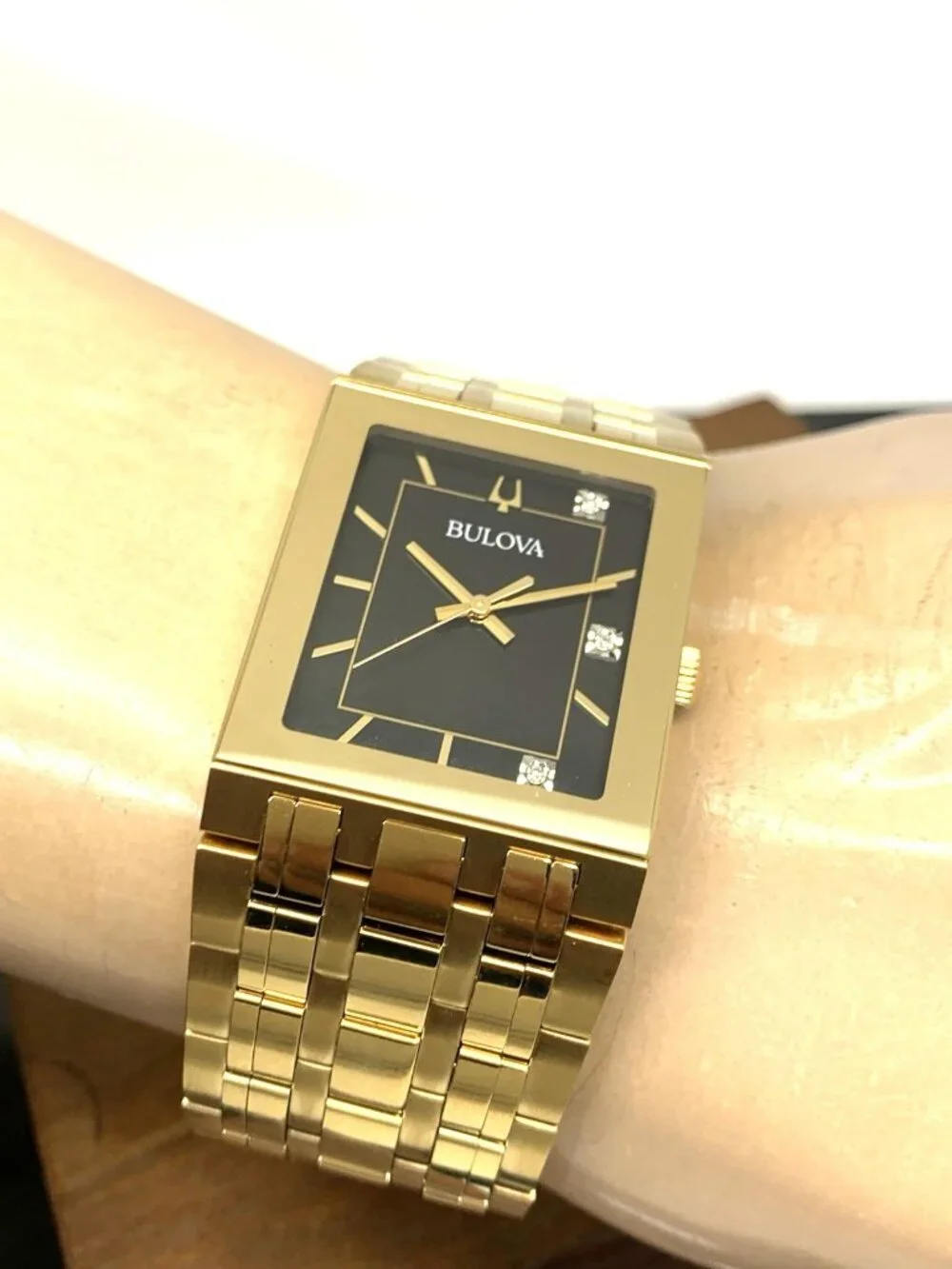 Bulova Men's Watch 97D132 Quadra Quartz Diamond Black Dial Gold Stainless Steel